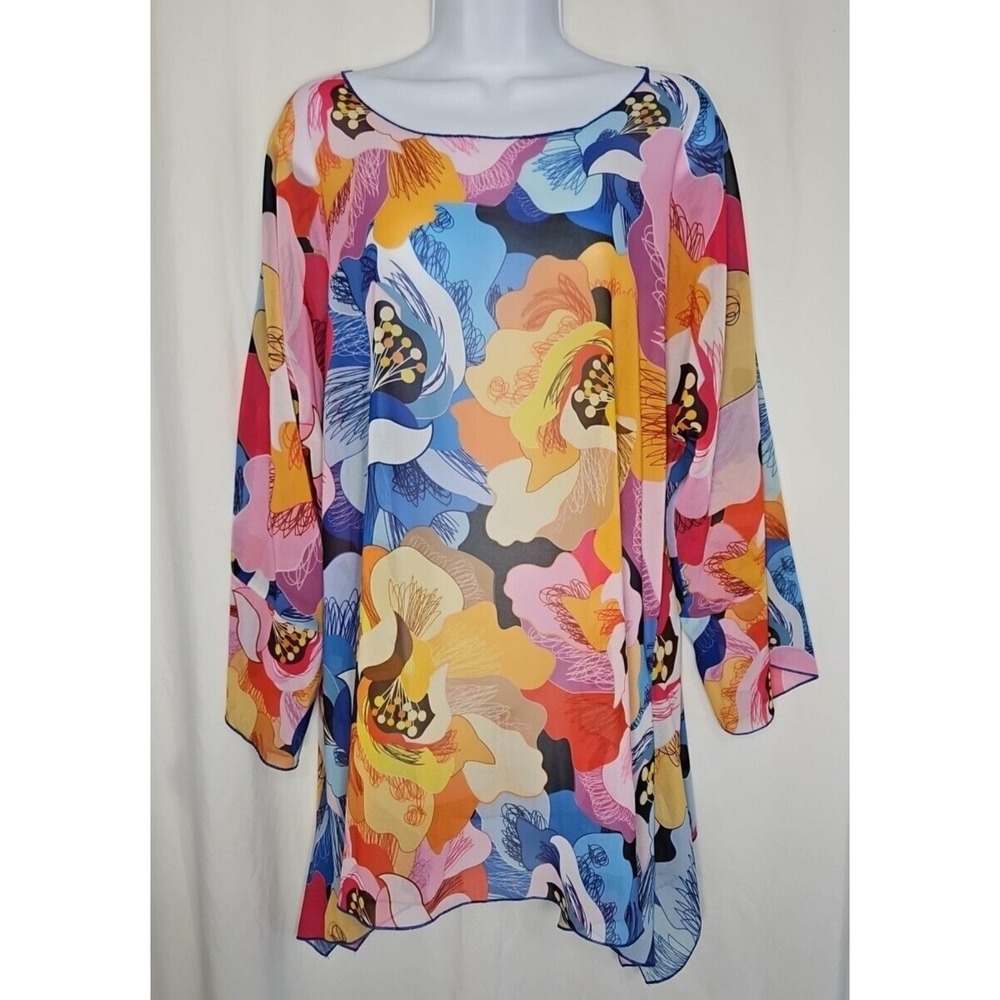 Weavz Women's Floral Semi Sheer Tunic Blouse 3/4-Sleeve Oversized‎ - One Size